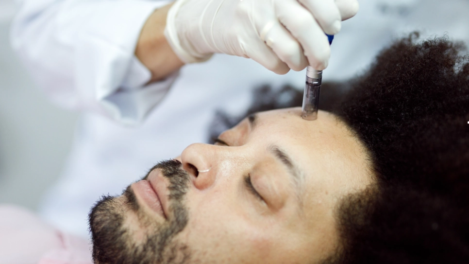 Close-up of a microneedling facial treatment for skin rejuvenation, targeting uneven skin texture and tone.