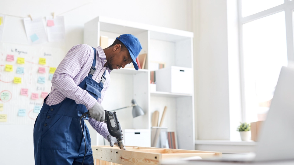 African craftsman assembling furniture in the office.