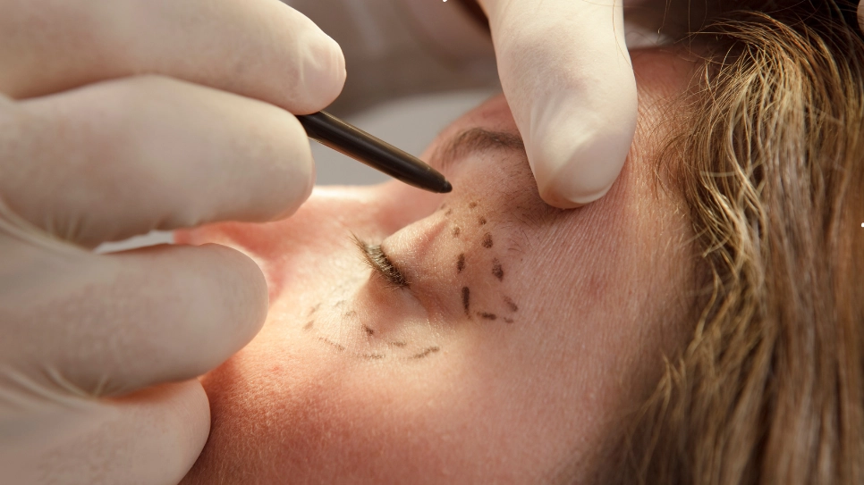 A surgeon marks the area around a patient’s eyes in preparation for blepharoplasty.