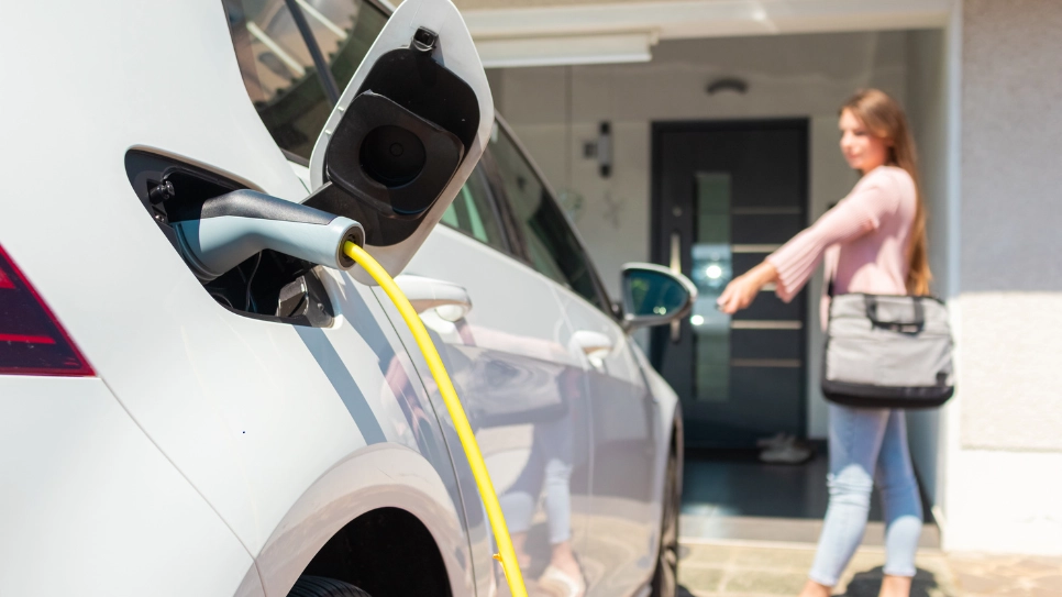 charging electric car at home in the driveway