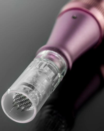 Detailed view of a dermapen microneedling tool, showing fine needles designed for precise skin treatment applications.