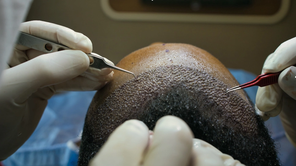 Detailed view of surgeons implanting hair follicles during FUE hair transplant, enhancing scalp coverage and natural hair growth.