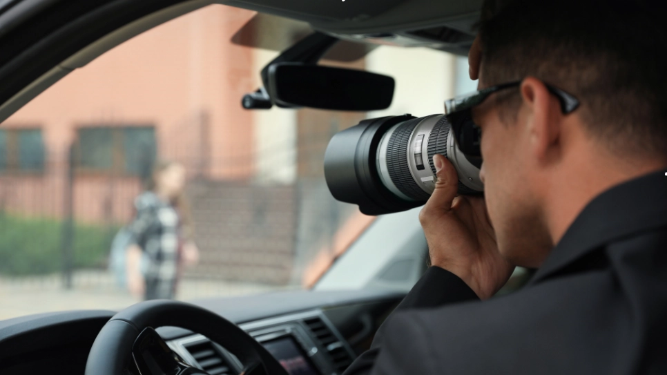 Private investigator using a telephoto lens during surveillance, discreetly monitoring activities from a vehicle.