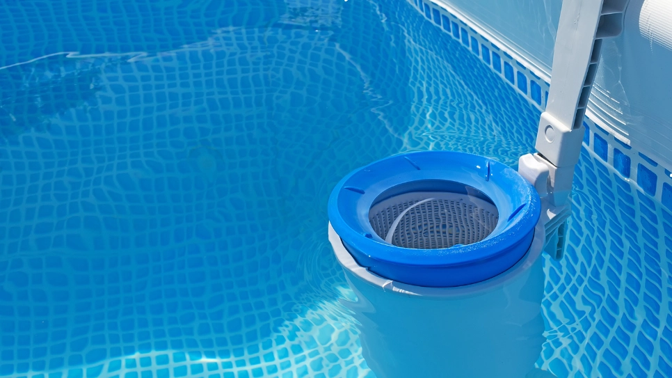 A pool skimmer filter ensuring clean water by capturing debris, enhancing pool maintenance and water clarity.