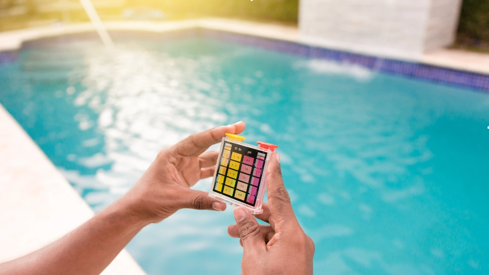 Hands holding a pool water testing kit to check pH levels, ensuring balanced water chemistry for safe swimming.