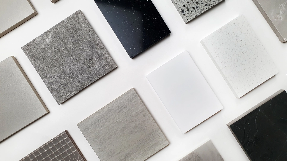 Assortment of stone and ceramic tile samples in various textures and finishes, ideal for modern flooring projects.