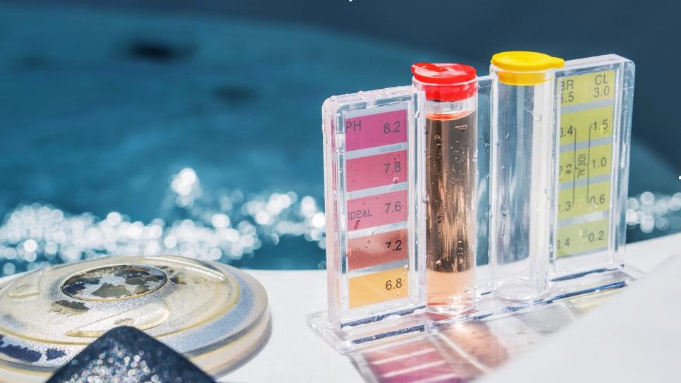 Pool water testing kit measuring pH and chlorine levels, essential for maintaining clean and balanced water.