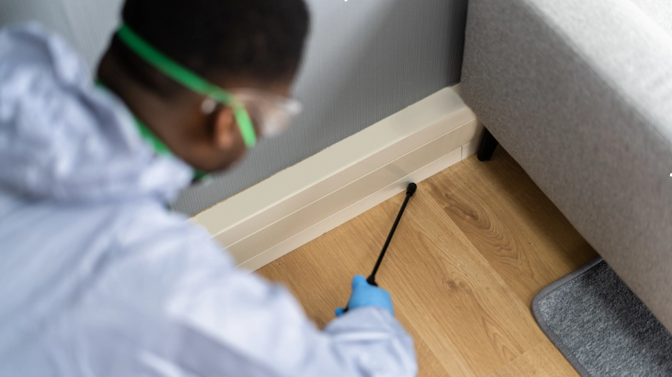 Focused pest control treatment along skirting boards to address termite infestations in a home environment.