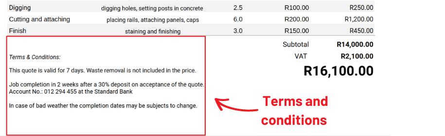 Example of Terms and Conditions in a quote.